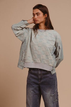 BiBi Mineral Washed Checkered Round Neck Denim Top - Image 5