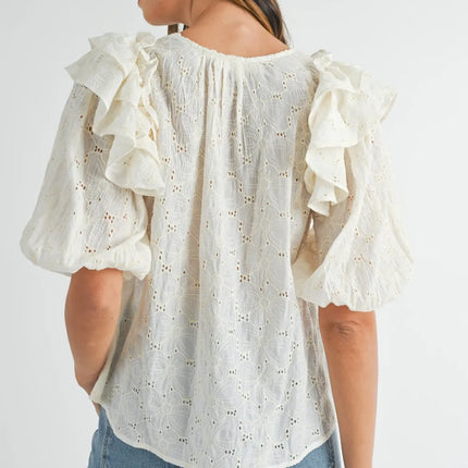 MABLE Eyelet Lace Ruffle Shoulder Puff Sleeve Blouse - Image 2