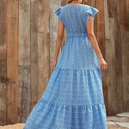 Printed V-Neck Ruffled Cap Sleeve Maxi Dress - Image 4