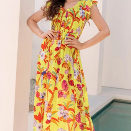 Cheetah Plant Print Shirred Button V Neck Maxi Dress - Image 1