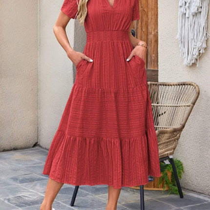 Tiered Notched Short Sleeve Dress - Image 16