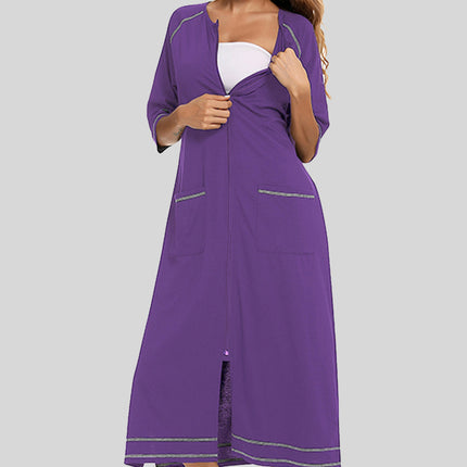 Zip Up Slit Round Neck Night Dress with Pockets - Image 10