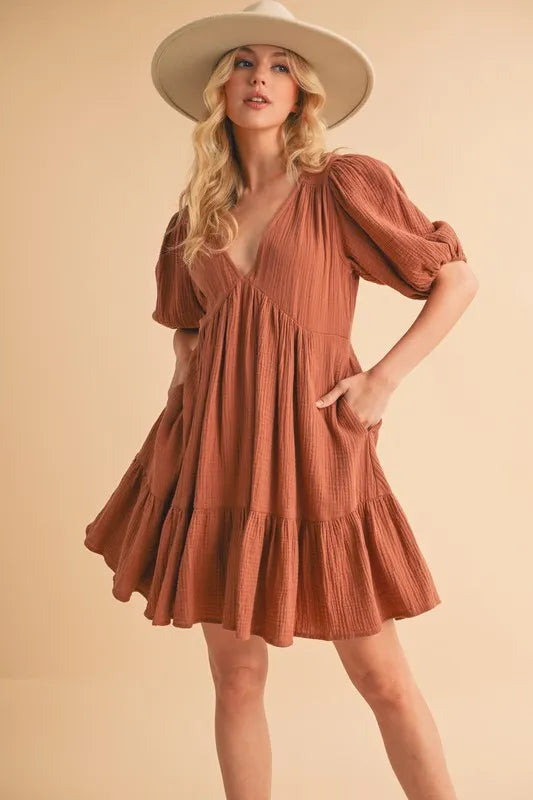 Aemi+Co Tied Back Ruffled Short Sleeve Mini Dress