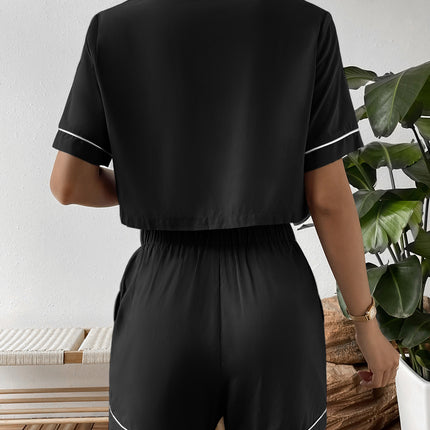 Ivy Lane Contrast Lapel Collar Cropped Shirt and Shorts Lounge Set - Image 9