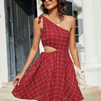 Grid One-Shoulder Tied Cutout Dress - Image 12
