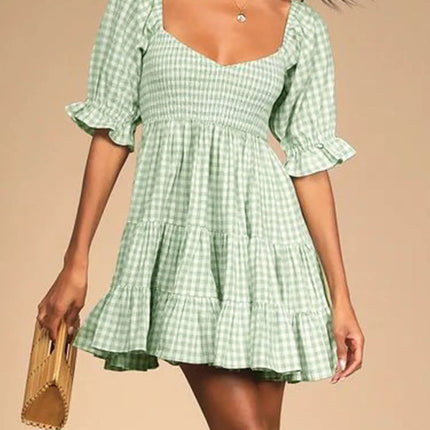 Ruffled Hem Plaid Half Sleeve Mini Dress - Image 7