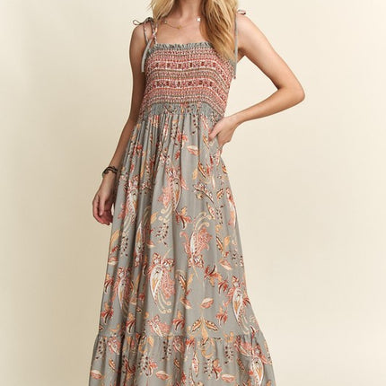 ADORA Smocked Printed Square Neck Tie Shoulder Cami Dress - Image 3