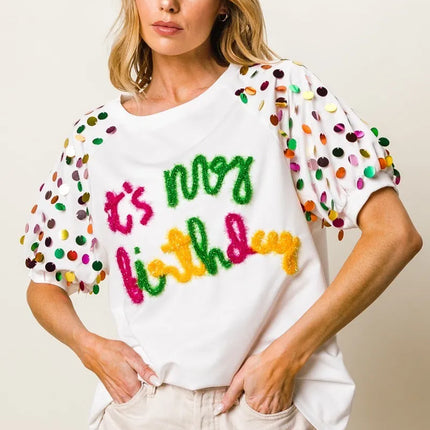 BiBi Metallic Letter Spangle Raglan Puff Sleeve Top - Image 10