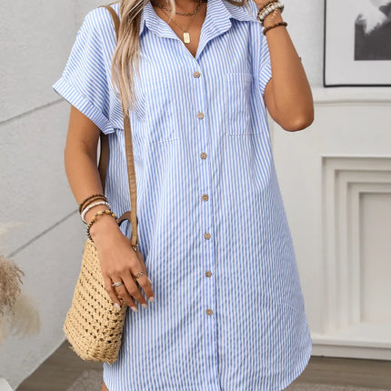 Striped Button Down Short Sleeve Mini Dress - Image 1