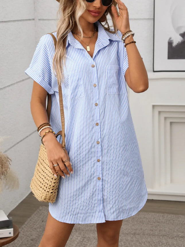 Striped Button Down Short Sleeve Mini Dress