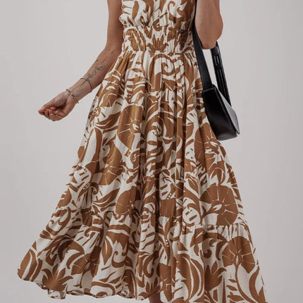 Floral Shirred High Waist Spaghetti Straps Dress - Image 1