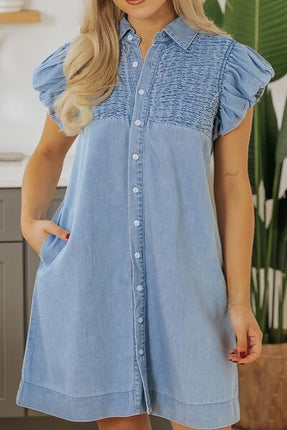Smocked Collared Neck Cap Sleeve Denim Dress - Image 3