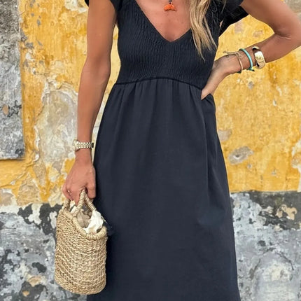V Neck Ruffled Cap Sleeve Smocked Maxi Dress - Image 3