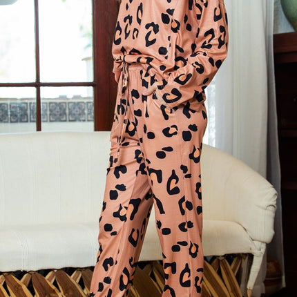 Leopard Round Neck Top and Drawstring Pants Lounge Set - Image 4