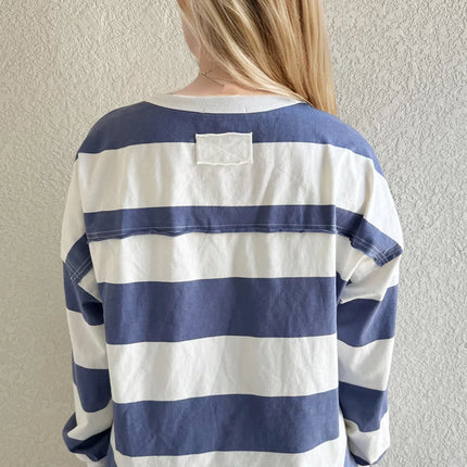 Oh Pima Cotton Wash Exposed Seam Contrast Striped Round Neck Long Sleeve T-Shirt - Image 3