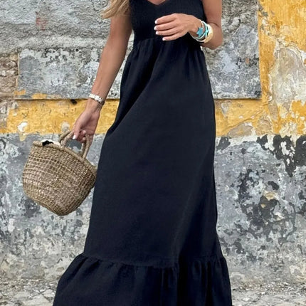 V Neck Ruffled Cap Sleeve Smocked Maxi Dress - Image 2
