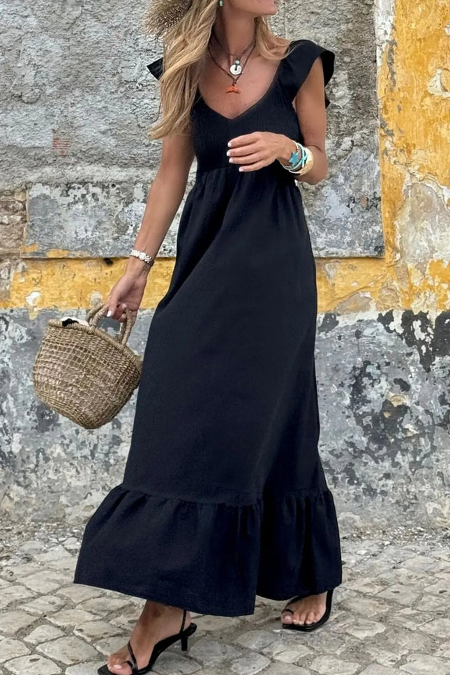 V Neck Ruffled Cap Sleeve Smocked Maxi Dress