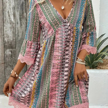 Lace Trim Printed V-Neck 3/4 Sleeve Dress - Image 8