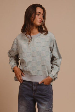 BiBi Mineral Washed Checkered Round Neck Denim Top - Image 6