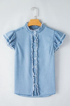 Button Down Raw Hem Ruffled Denim Shirt - Image 5