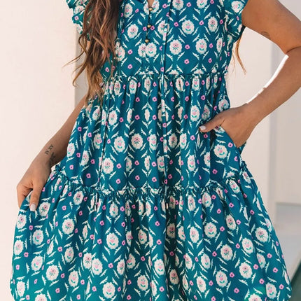 Printed Tie Neck Ruffled Cap Sleeve Dress - Image 4