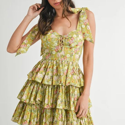 MABLE Floral Print Shoulder Tie Layered Mini Dress - Image 2