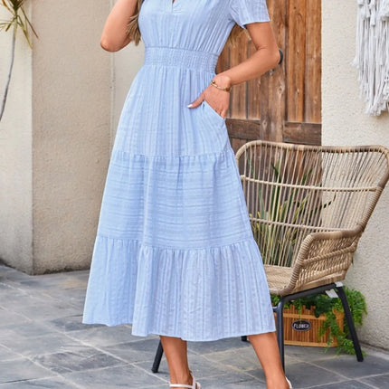 Tiered Notched Short Sleeve Dress - Image 9
