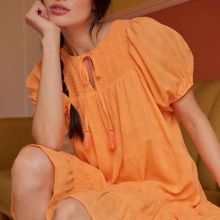 Mittoshop Tassel Tie Plaid Gauze Short Sleeve Mini Dress - Image 1