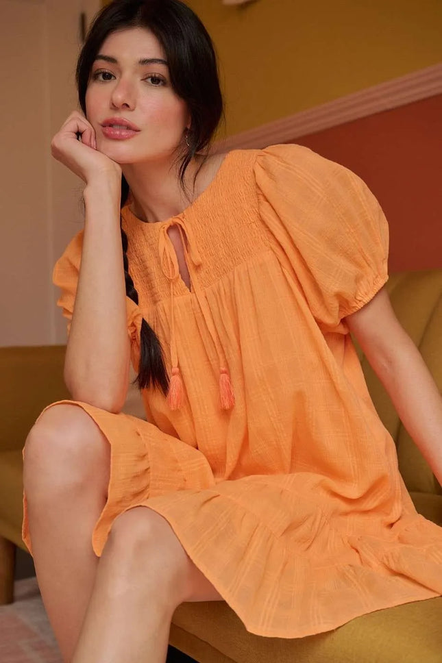 Mittoshop Tassel Tie Plaid Gauze Short Sleeve Mini Dress