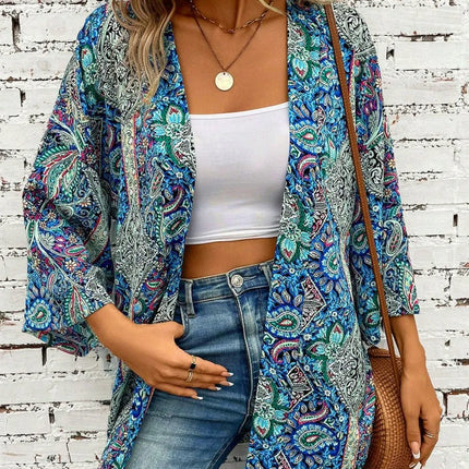 Printed Open Front Three-Quarter Sleeve Cover Up - Image 5