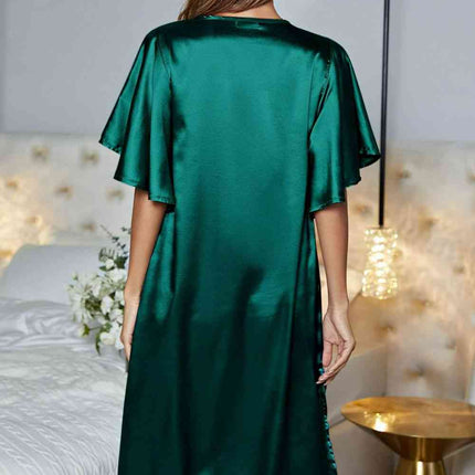 Satin Flutter Sleeve Side Slit V-Neck Night Dress - Image 8