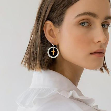 Brass Contrast Cross Dangle Earrings - Image 1