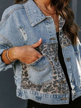 Distressed Leopard Drop Shoulder Denim Jacket - Image 2