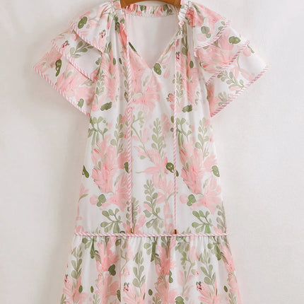 Floral Contrast Edge Layered Short Sleeve Mini Dress - Image 2