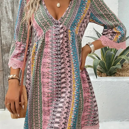 Lace Trim Printed V-Neck 3/4 Sleeve Dress - Image 6