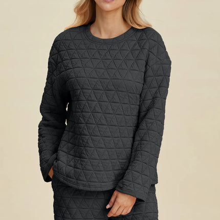 Double Take Full Size Texture Round Neck Long Sleeve Top and Shorts Set - Image 10