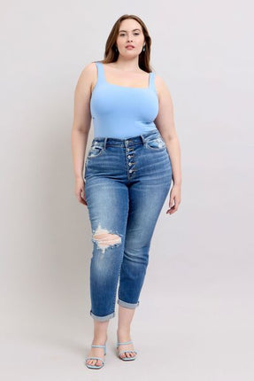 Judy Blue Full Size Button Fly Distressed Jeans with Pockets Plus Size - Image 16