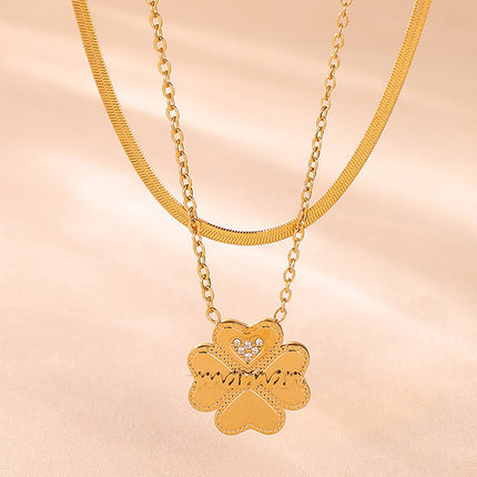 2 Piece 18K Gold-Plated Inlaid Zircon Lucky Clover Necklace - Image 1