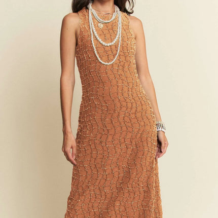 Davi & Dani Golden Textured Zippered Midi Dress - Image 5
