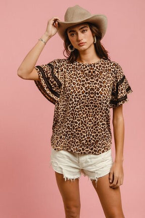 BiBi Leopard Crochet Trim Round Neck Short Sleeve Top - Image 5