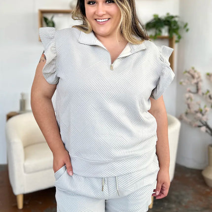 Double Take Full Size Texture Flounce Sleeve Top and Drawstring Shorts Set - Image 3