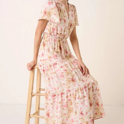 Mittoshop Flower Print Flutter Sleeve V Slit Maxi Dress - Image 4