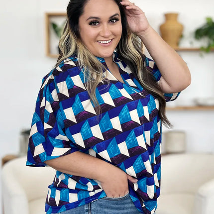 Double Take Full Size Geometric Notched Half Sleeve Blouse - Image 9