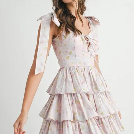 MABLE Floral Print Shoulder Tie Layered Mini Dress - Image 2