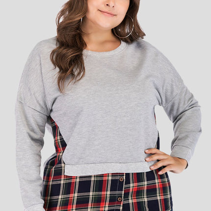 Full Size Plaid Patch Drop Shoulder Round Neck Top - Image 1