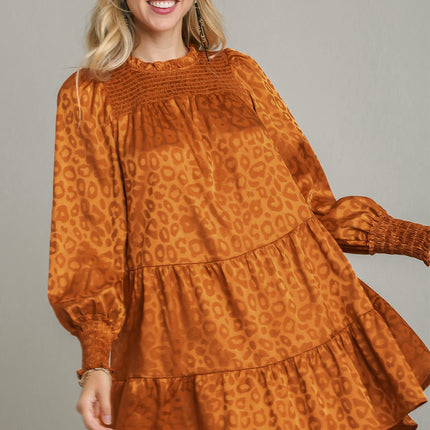 Umgee Smocked Leopard Long Sleeve Tiered Dress - Image 1