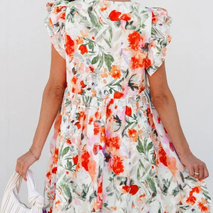 Floral Double Ruffle Sleeve V Neck Mini Dress - Image 3