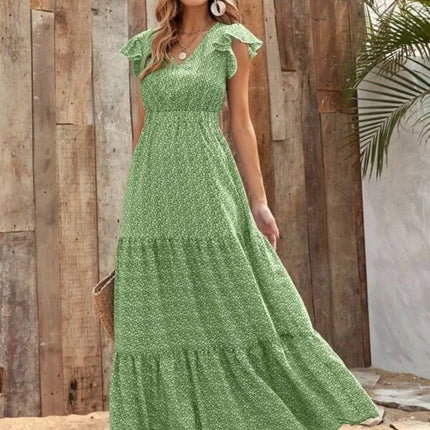 Printed V-Neck Ruffled Cap Sleeve Maxi Dress - Image 18