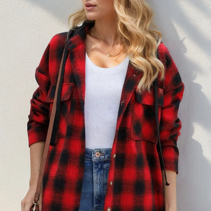 Double Take Drawstring Plaid Long Sleeve Hooded Shacket - Image 5