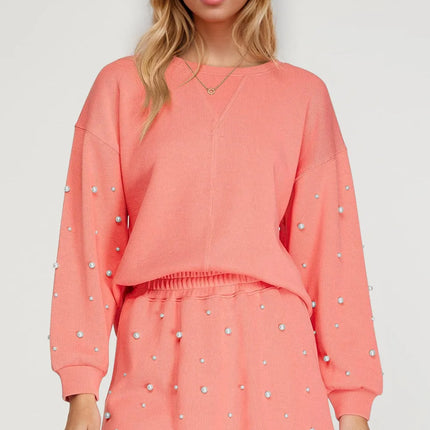 Oh Pearl Trim Round Neck Long Sleeve Top and Skirt Set - Image 1